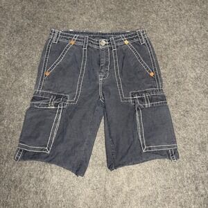 True Religion Mens Super T Cargo Shorts Navy Blue Contrast Stitch Size 31 Y2K